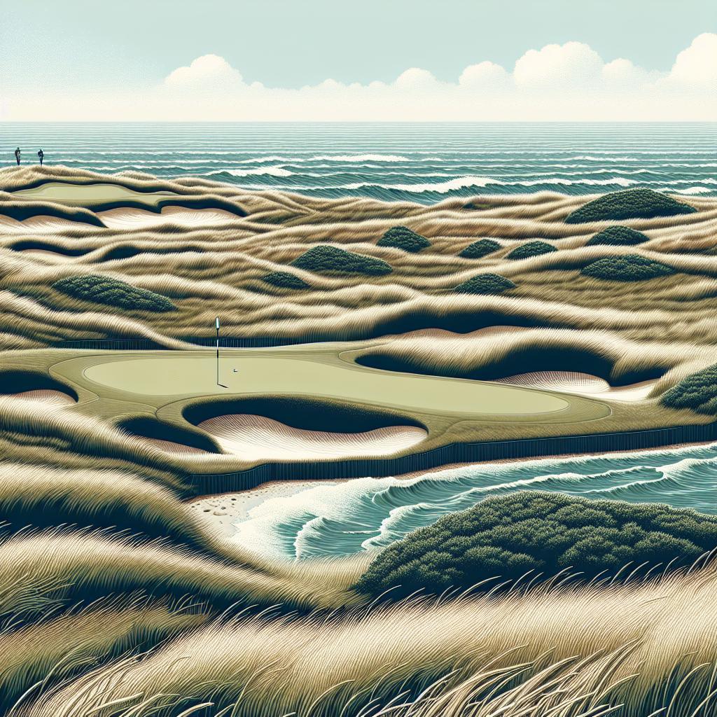 Illustrated golf scene with tall grass and ocean